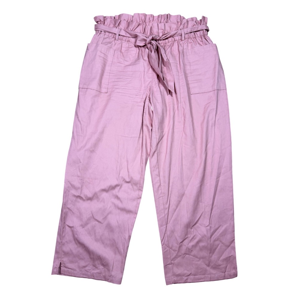 Ashley Stewart Wide Leg Pants Women 20 Pink Paperbag Waist Cotton Tie Belt Slit